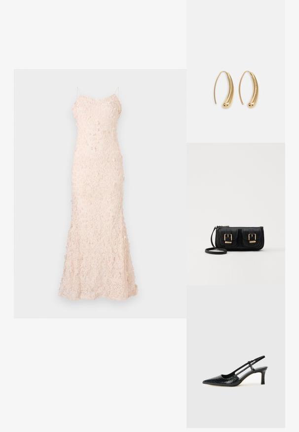 Čipkasta večernja haljina u mekoj rozoj boji s cvjetnim aplikacijama, trakama za ramena i uskim siluetom s raširenim rubom.; Crne lakirane slingback pete s oštrim vrhom, s teksturiranim uzorkom zmijske kože, podesivom remenom i kratkom, teksturiranom blok-petom.; Crna kožna torba preko ramena s dva prednja džepa, zlatnim kopčama, zatvaranjem na zip i uskim remenom. Teksturirana površina i kompaktan pravokutan oblik.; Zlatne metalne naušnice u obliku obruča s zakrivljenim, izduženim oblikom. Imaju glatku, sjajnu površinu i zaobljeni vrh za dodatni detalj.