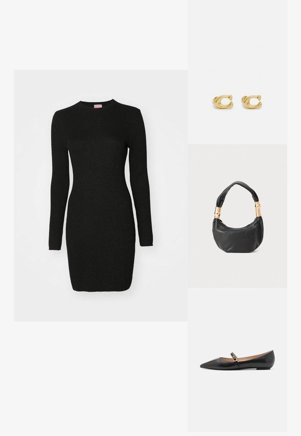 Mustassa ribbattu neulemekko, jossa on pitkät hihat, pyöreä pääntie ja tiukka istuvuus, joka sisältää hienovaraisia kimalluksia kankaassa.; Musta nahkainen ballerinat, joissa on terävä kärki ja sivuhihna, jossa on pyöreä kultainen yksityiskohta. Kevyet ja litteällä pohjalla.; Musta nahkalaukku pyöreällä muodolla, pehmeällä pinnalla ja solmulla varustetulla kahvalla, jossa on kultasävyiset yksityiskohdat. Vetoketjusuljenta.; Kultaiset metallikorvakorut, joissa on sileä, kaareva muotoilu ja huomattava 'C' muoto. Pieni koko, kiiltävä viimeistely ja klipsikiinnitys, joka varmistaa turvallisen käytön.