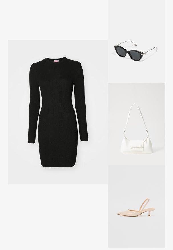 Fekete bordázott kötött ruha hosszú ujjakkal, kerek nyakkivágással és testhez simuló fazonnal, a szöveten finom csillogással.; Bézs színű lakkbőr slingback magassarkú cipők hegyes orral és vékony, négyzetes sarkú dizájnnal. Simább textúra és minimalista stílus, díszítések nélkül.; Fekete macska szemüveg napszemüveg szürke lencsékkel, fémből készült kerettel és díszes strasszkövekkel a felső peremnél. Minimalista design, letisztult vonalakkal.; Fehér szintetikus kézitáska, háromszög alakú, lapos előlap, masni részlettel, állítható pánttal, sima textúrával és minimalista dizájnnal.