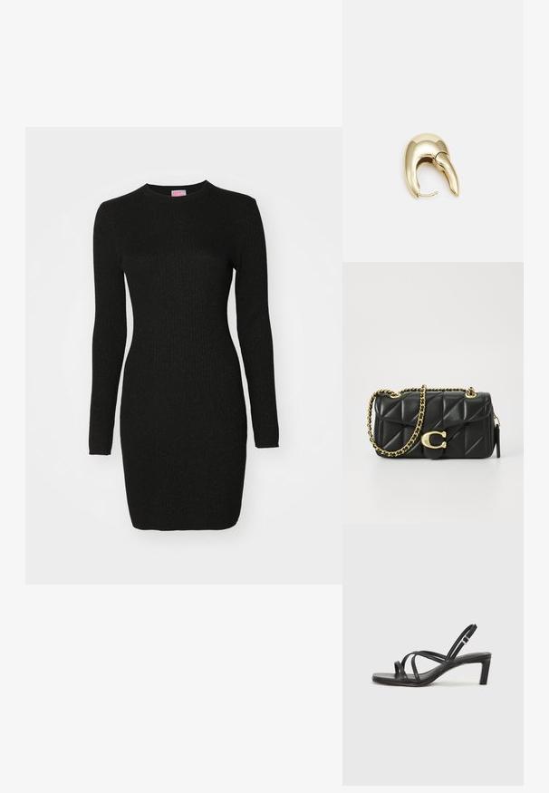 Schwarzes geripptes Strickkleid mit langen Ärmeln, rundem Ausschnitt und taillierter Passform, das durchgehend einen dezenten Glanz im Stoff aufweist.; Schwarze Sandale mit Riemchen, quadratischer Zehenform und niedrigem Blockabsatz. Verfügt über mehrere dünne Riemen und einen verstellbaren Knöchelriemen. Hergestellt aus glattem Leder.; Schwarze, gesteppten Lederhandtasche mit einer goldfarbenen Kettenriemen und einem Drehverschluss, der mit einem runden Akzent verziert ist. Kompakte rechteckige Form.; Ohrringe aus goldfarbenem Metall mit einem schlanken, geschwungenen Design. Sie verfügen über eine markante, spitze Form, eine polierte Oberfläche und einen Scharnierverschluss.