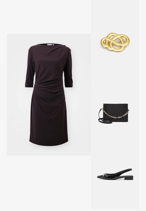 Melnas kleitas no mīksta auduma ar laivu formas kakla izgriezumu, trīs ceturtdaļu piedurknēm un savilkumu jostas vietā, garums virs ceļgaliem.; Melnas lakotas ādas slingback kurpes ar norādītu purngalu, sudraba aksesuāru detaļu un zemu blokveida papēdi. Gluda, spīdīga tekstūra visā apavā.; Melna ādas crossbody soma ar gludu faktūru, taisnstūrveida formu un metalizētu ķēdes detaļu priekšā. Iekļauta regulējama siksna.; Zelta toņa broša ar mezglota dizaina, gludām, izliekamām līnijām un sarežģītu formu, kas atspoguļo pulētu apdari.