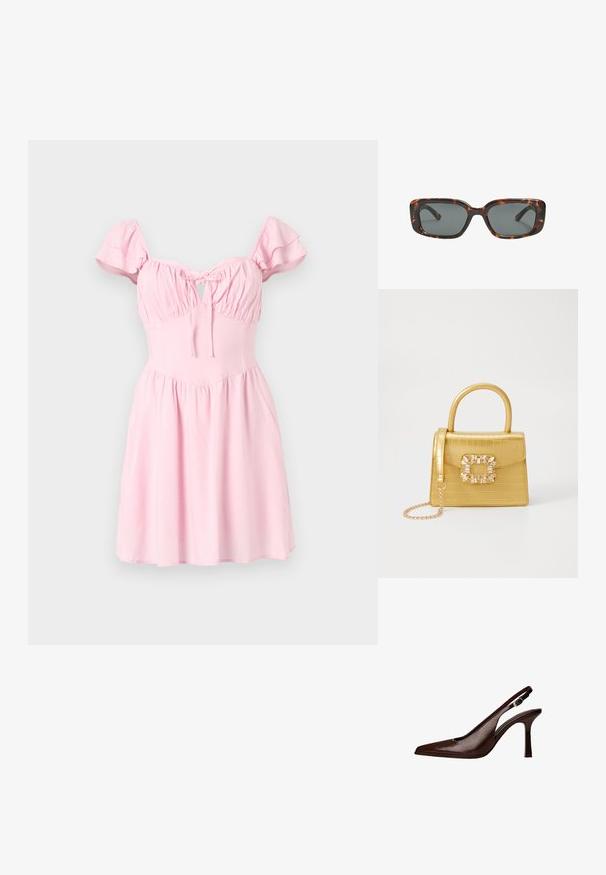 Roza obleka s kratkimi, nabrano narezanimi rokavi, nabranim telesom in odprtino v obliki ključavnice. Razširjena krila in gladka tekstura tkanine.; Rjava usnjena slingback čevlja s koničastim nosom in tankim petam. Ima majhno dekorativno sponko na traku in sijajno površino.; Sonce, ki je oblikovana v tortoščkovem vzorcu, ima pravokotne leče, debele okvirje in temne leče. Ima gladko teksturo in minimalističen dizajn.; Rumeno usnjeno-usnje z vzorcem krokodila, s strukturiranim dizajnom, zgornjo ročajem, snemljivo verižico in dekorativnim kristalnim okrasjem na zaponki.; Zlato obarvani kovinski manšetni z neenakomerno teksturo, s odprto zasnovo in gladkimi robovi. Prikazane sta dve velikosti: ena širša, druga ožja.