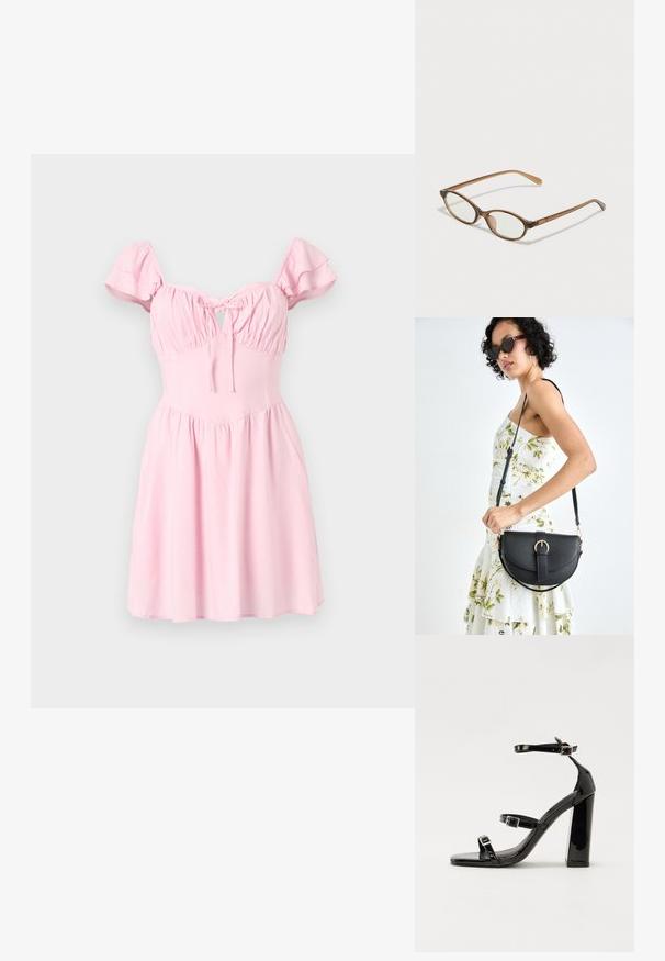 Rosa kjole med korte, volangermede ermer, rynket byste og hjerteformet detalj. Vid skirt og glatt stofftekstur.; Svart høyglans sandaler med hæl, firkantet tå, ankelremmer og sølvspenner. Har en kraftig blokkhæl for stabilitet.; Brune skjellbriller med ovale linser, tynne stenger og gjennomsiktige detaljer. Har en subtil logo på stangen. Elegant, lett design.; Svart lærveske med en buet form, avtagbar stropp og gullbeslag. Vesken har et klaff med spenne-detall.