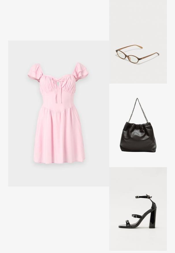 Růžové šaty s krátkými volánovými rukávy, nařaseným tělem a detailem ve tvaru klíčové dírky. Rozšířená sukně a hladká textilie.; Černé lakované sandály na podpatku se čtveratou špičkou, lýtkovými pásky a stříbrnými přezkami. Disponují masivním blokovým podpatkem pro stabilitu.; Hnědé želvovinové brýle s oválnými skly, tenkými bočními nohami a průhlednými akcenty. Obsahují decentní logo na stranu. Elegantní, lehký design.; Hnědá kožená taška se sbíraným vrškem a řetízkovým popruhem. Hladký povrch s lesklým finišem a jemným švem na bocích.