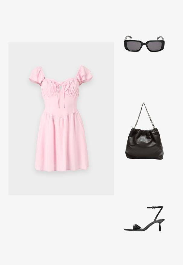 Roza obleka s kratkimi, nabrano narezanimi rokavi, nabranim telesom in odprtino v obliki ključavnice. Razširjena krila in gladka tekstura tkanine.; Bershka Sandali z visoko peto - black; Črne pravokotne sončne očala z temnimi lečami, gladkim plastičnim okvirjem in ukrivljenimi nogicami. Oblika je robustna in minimalistična.; Rjava usnjena torba z nabranim vrhom in verižnim trakom. Gladka tekstura z sijajno površino in subtilnimi šivi na straneh.