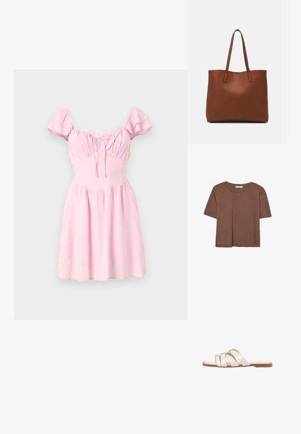 Rosa klänning med korta, volangärmar, rynkad bodice och en klyvningsdetalj. Utsvängd kjol och mjuk tygstruktur.; Brun kortärmad t-shirt i mjukt tyg, med rund halsringning och avslappnad passform. Inga synliga mönster eller detaljer.; Platta sandaler med en brun gummisula, designade med tre överlappande vita läderspännen och en liten rosett i mitten.; Brun läder tote-väska med en slät textur, öppen toppdesign och två axelremmar. Har minimal söm och ingen synlig metalldetalj.