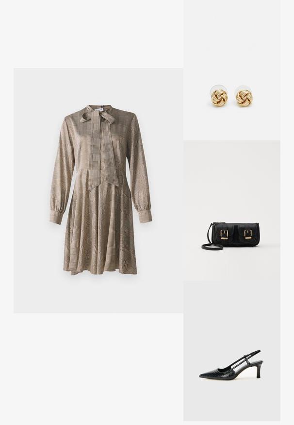 Bež haljina dugih rukava s kragnom u obliku mašne, koja ima smeškastu smešu smešak i lepršavu suknju. Napravljena od glatkog materijala s mekim teksturom.; Crne lakirane slingback pete s oštrim vrhom, s teksturiranim uzorkom zmijske kože, podesivom remenom i kratkom, teksturiranom blok-petom.; Crna kožna torba preko ramena s dva prednja džepa, zlatnim kopčama, zatvaranjem na zip i uskim remenom. Teksturirana površina i kompaktan pravokutan oblik.; Naušnice na stud s zlatnim tonom i uvrnutim dizajnom. Svaka naušnica ima okruglu prozirnu podlogu za sigurno nošenje.