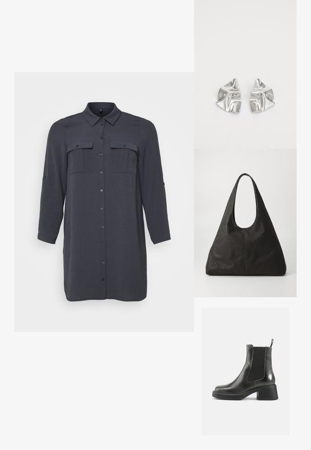 Tumehall pikkade varrukatega särgimekko, millel on nööpidega esiosa, kaks rinna taskut ja tekstureeritud kangas. Omab klassikalist kraed ja üles keeratavaid varrukaid.; Mustad musta nahast pahkluu saapad siledast viimistlusest, elastsete külgpanelidega ja jämeda kontsaga. Omavad tõmbenööri, et neid oleks lihtsam jalga panna.; Must mustkott mustriga käsnaga, pikliku kolmnurkse kuju ja sileda tekstuuriga. Omab minimalistlikku disaini ilma nähtavate seadmeteta.; Hõbedased metallkõrvarõngad lainelise, skulpturaalse disainiga, millel on poleeritud viimistlus ja ebaregulaarsed kujundid, rõhutades kaasaegset esteetikat.