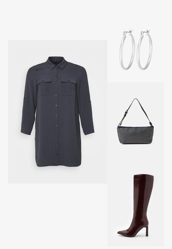 Tummanharmaa, pitkähihaisten paita-mekko, jossa on napitettava etuosa, kaksi rintataskua ja teksturoitu kangas. Mukana klassinen kaulus ja ylös käännettävät hihat.; Even&Odd Saappaat - dark red; Laukkua tummansinistä kangasta, jossa on teksturoitu hopeisten niittien kuvio, varustettuna yhdellä säädettävällä mustalla hihnalla ja suorakulmaisella muodolla.; Hope-silver rengas, joissa on sileä ja kiillotettu pinta. Pyöreä muoto ja turvallinen napsautettava lukitus. Kevyt muotoilu sopii päivittäiseen käyttöön.