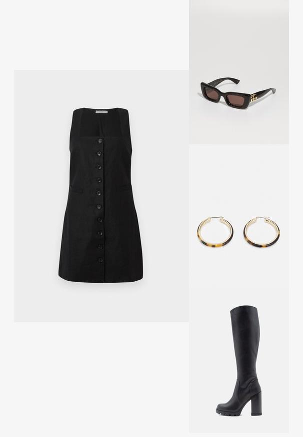 Musta pellavamekko, jossa on neliön muotoinen pääntie, keskellä kuusi nappia ja kaksi sivutaskua, A-linjainen siluetti.; Mustat polvipituiset saappaat, sileää nahkaa, paksu korko, pyöreä kärki, kuvioitu pohja, jossa on pito, tyylikäs muotoilu ilman koristeluja.; Mustat kilpikonnaruudulliset aurinkolasit, joissa on suorakulmaiset linssit, ruskea sävy, paksu kehys ja kultainen tupla-G-logo yksityiskohta templeissä.; Kultaiset renkaat korvakorut, joissa on kilpikonnakuosiset hartsireunat, sileä pinta ja tyylikäs, pyöreä muoto.