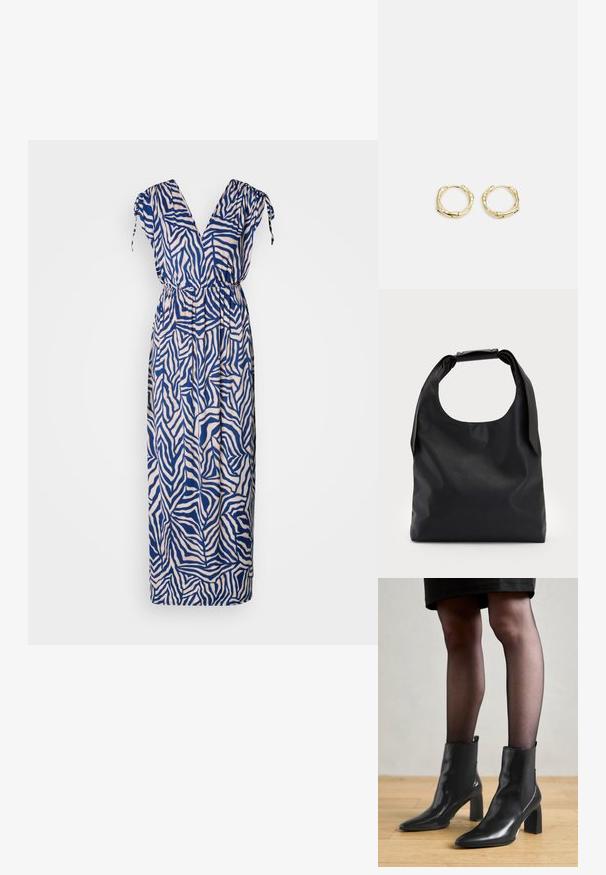 Maxi šaty se vzorem zebra v námořnické modré a krémové barvě. Mají výstřih do V, krátké rukávy s mašlemi a elastický pas pro pohodlí.; Černé kožené kotníkové boty s špičatou špičkou, robustním čtvercovým podpatkem a elegantním designem. Obsahují elastické boční panely pro snadné obouvání.; Černá kůže hobo taška s jedním měkkým, zaobleným uchopem; má hladkou texturu a minimalistický design. Bez viditelného kovového doplňku nebo akcentů.; Zlaté kruhové náušnice s texturovaným, nepravidelným tvarem. Disponují bezproblémovým uzávěrem a leštěným povrchem, což zdůrazňuje moderní design.