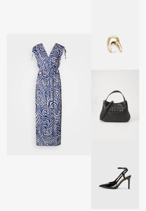 Maxikleid in einem navy und cremefarbenen Zebramuster. Verfügt über einen V-Ausschnitt, kurze Ärmel mit Bindebändern und eine elastische Taille für zusätzlichen Komfort.; Schwarze Patentleder-High-Heel-Slingback-Pumps mit spitzem Zeh, verstellbarem Knöchelriemen und offenen Seiten. Glatte Textur.; Schwarze, gewebte Lederhandtasche mit runder Form, ausgestattet mit einem oberen Griff und einem abnehmbaren Riemen. Glatte Textur und subtile Nähte.; Ohrringe aus goldfarbenem Metall mit einem schlanken, geschwungenen Design. Sie verfügen über eine markante, spitze Form, eine polierte Oberfläche und einen Scharnierverschluss.