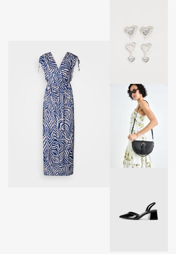 Maxi dress in a navy and cream zebra stripe pattern. Features a V-neck, short sleeves with ties, and an elastic waist for comfort.; Black patent leather slingback heels with a pointed toe and a geometric block heel. Features a sleek, minimal design and smooth texture.; Black leather handbag with a curved shape, detachable strap, and gold hardware. The bag features a flap with a buckle detail.; Silver heart-shaped earrings feature faceted clear stones, with a textured frame. The set includes stud and drop styles.