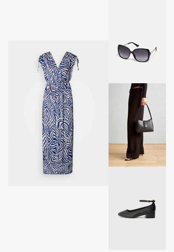 Maxikjole i mønster med marinblå og kremfargede zebrastriper. Har V-hals, korte ermer med bånd og elastisk liv for komfort.; Sorte skinnpumper med spiss tå og lav blokkhelt. Har ankelrem med gullfarget spenne. Glatt tekstur.; Sorte oversized solbriller med gradient linser, tykke rammer og detaljering med gulltonekjede på tempelarmene.; Svart håndveske med strukturert form, jevn tekstur og metallisk lås. Kombinert med brede svarte bukser og sandaler med åpen tå på tregulv.