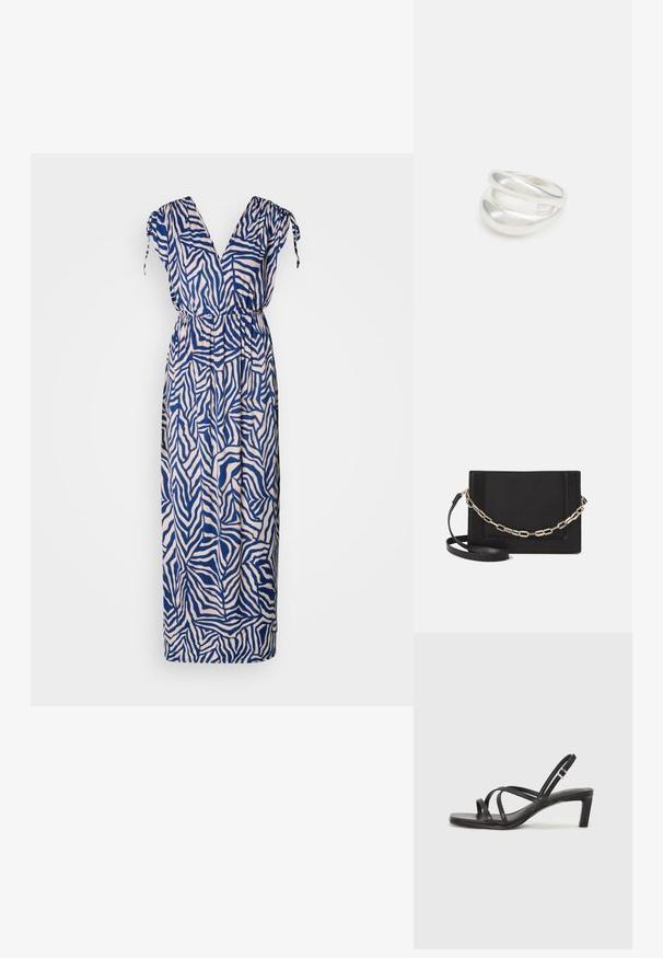 Maxi kleit tumesinine ja kreemi värvi zebra triibuline muster. Omab V-kaelust, lühikesi varrukaid paeltega ja elastset vööd mugavuse tagamiseks.; Mustast rihmajalatsid ruudukujulise varba ja madala ploki kontsaga. Omab mitmeid õhukesi rihmasid ja reguleeritavat pahkluu rihma. Valmistatud siledast nahast.; Mustast nahast õlakott, mis omab siledat tekstuuri, ristküliku kuju ning esiküljel metallketi detaili. Reguleeritav rihm on kaasas.; Hõbedane kahekordne rõngas sujuva, poleeritud pinnaga. Omab voolavat, kõverat disaini, millel on kattuvad sektsioonid, et saavutada kaasaegne ilme.