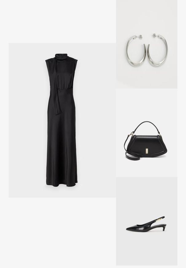 Schwarzes Satin-Maxi-Kleid mit hohem Kragen und ärmellosem Design, das eine geraffte Taille und eine fließende Silhouette aufweist. Glatte Textur.; Schwarze Leder-Slingback-Pumps mit spitzem Schuhblatt, ausgestattet mit einem schlanken Absatz und einem goldfarbigen Akzent am verstellbaren Riemen. Glatte Textur.; Schwarze Lederhandtasche mit einem strukturierten Design, das eine verkürzte Form, einen oberen Griff und goldfarbene Hardware-Details aufweist. Verstellbarer Schulterriemen ist enthalten.; Silberne Creolen mit einem glatten, geschwungenen Design. Mit einem glänzenden metallischen Finish und Steckverschluss. Keine sichtbaren Muster oder Akzente.