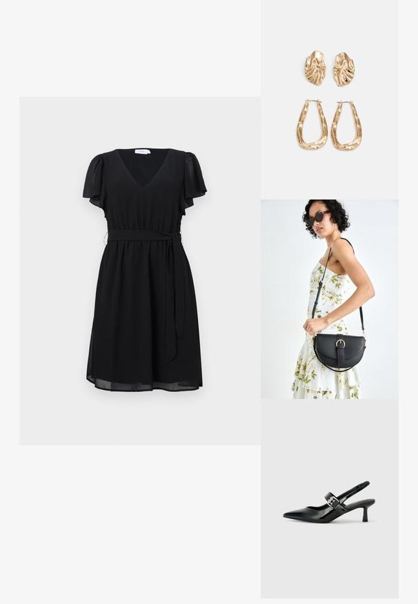 Melnas kleitas ar īsiem plandošiem piedurkņu, V-veida kakla izgriezumu, jostu viduklī un plūstošu svārku. Izgatavota no viegla auduma ar gludu tekstūru.; Melnas lakotas ādas sūkņa kurpes ar norādītu purngali un mazu bloku papēdi, ar sudraba sprādzi akcentā uz jostas.; Melnas ādas rokassoma ar izliekta formu, noņemamu siksnu un zelta aksesuāriem. Somai ir vāciņš ar sprādzes detaļu.; Zelta krāsas auskari ar teksturētām, viļņotām formām. Iekļauts skulpturāls piespraužams modelis un atvērta gredzenveida konstrukcija ar izsistām virsmām.