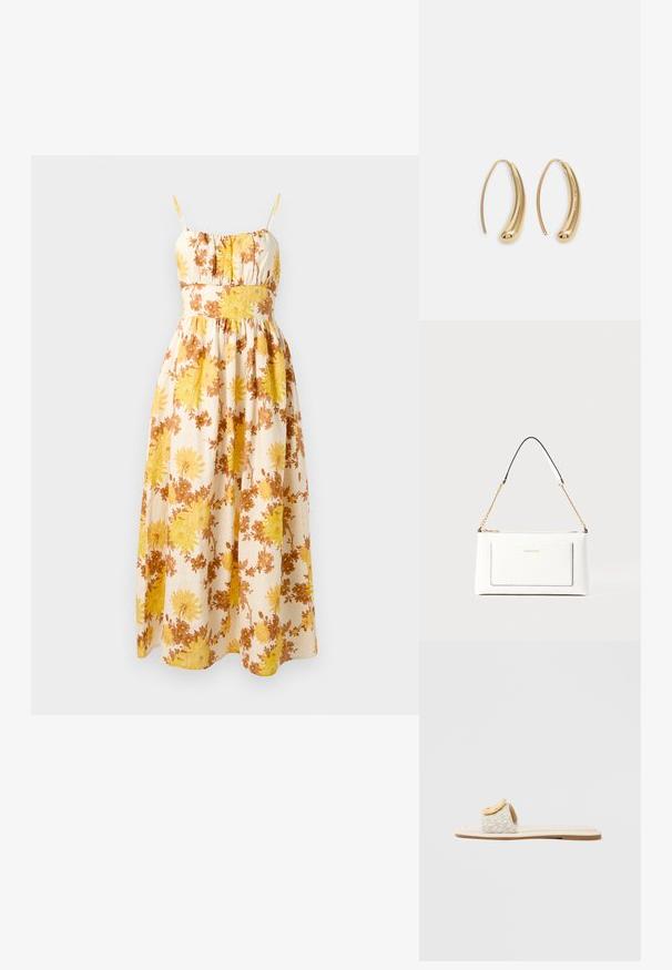 Vestido maxi floral com flores amarelas e castanhas sobre um fundo creme, apresentando alças finas ajustáveis e um corpete franzido.; Sandália tipo slide com uma tira bege com padrão geométrico, um detalhe arredondado amarelo na parte superior e uma sola plana e clara.; Bolsa de mão branca em couro com acabamento texturizado, featuring a corrente dourada e detalhes pretos. Inclui um bolso frontal e fecho com zipper.; Brincos em metal dourado com forma de arco alongado e curvado. Apresentam uma superfície lisa e brilhante, com uma ponta arredondada para um detalhe adicional.