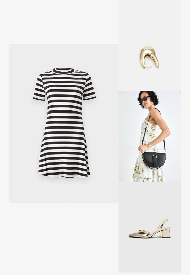Juodos ir baltos juostos suknelė, pasižyminti ribotu tekstūru, trumpomis rankovėmis, aukštu kaklu ir platėjančia siluetu, siūlanti kasdienį stilių.; Auksiniai, metaliniai slingback aukštakulniai bateliai su smailiu pirštu ir masyviu kulnu. Lygus paviršius, minimalizmo dizainas ir siaura juostelė.; Juodas odinis krepšys su išlenkta forma, nuimamu dirželiu ir auksiniais detalėmis. Krepšys turi kilpą su sagtimi.; Aukso tono metalinės auskarai su stilingu, kreiviu dizainu. Išsiskiria ryškiu smailiu pavidalu, poliruota paviršiumi ir užsegimu su vyriu.