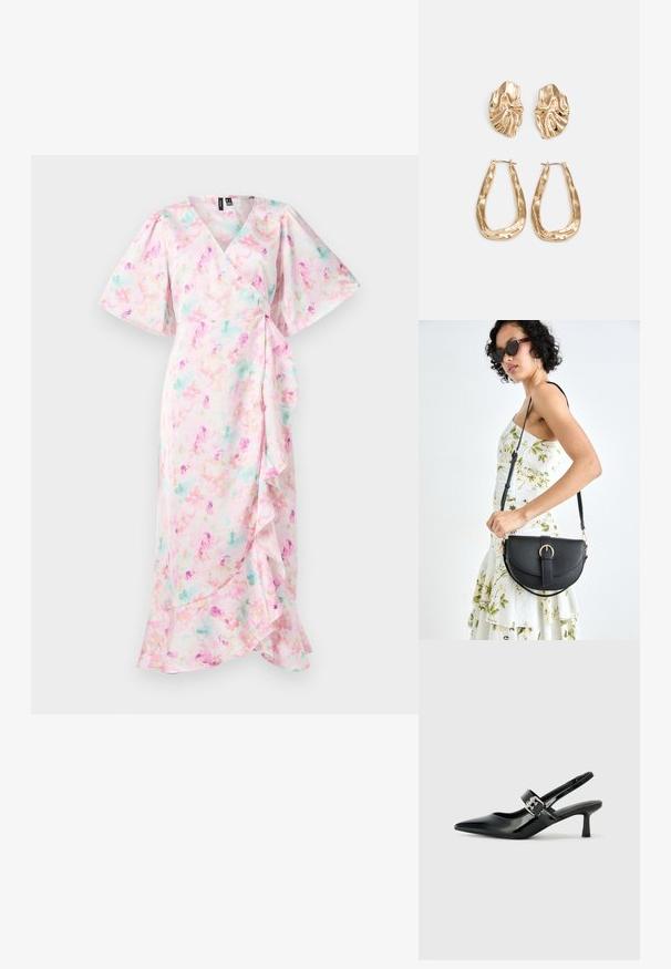 Vestido floral envolvente com um fundo rosa em cores pastel, mangas curtas balonê e uma bainha com fru-fru. Textura de tecido suave.; Saltos slingback em verniz preto com bico pontiagudo e um pequeno salto bloco, apresentando um detalhe de fivela prateada na tira.; Bolsa de couro preta com forma curva, alça destacável e detalhes em dourado. A bolsa possui uma aba com detalhe de fivela.; Brincos em tom de ouro com formas onduladas e texturizadas. Inclui studs escultóricos com presilha e um design de argola aberta com um acabamento martelado.