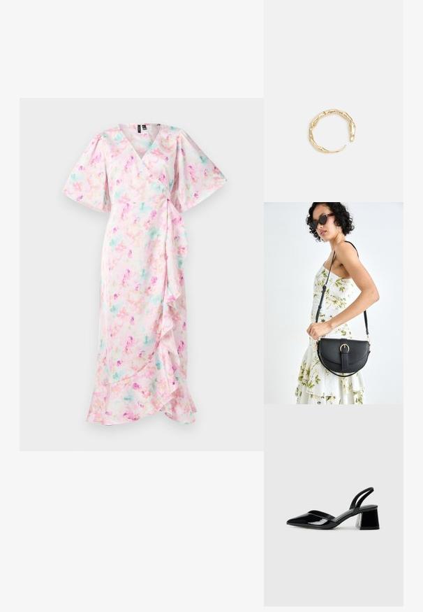 Gėlių suknelė su rožiniu fonu, pastelinių spalvų, trumpomis pūkuotomis rankovėmis ir raukšlėtu apvadu. Glotni audinio tekstūra.; Juodos lakuotos odinės šlepetės su smailiu pirštu ir geometriniu bloko kulnu. Turi elegantišką, minimalistinį dizainą ir lygų paviršių.; Juodas odinis krepšys su išlenkta forma, nuimamu dirželiu ir auksiniais detalėmis. Krepšys turi kilpą su sagtimi.; Auksinės spalvos žiedas, turintis organišką, sukimosi dizainą su lygiu paviršiumi ir siaurėjančiais galais, sukuriantis modernią skulptūrinę išvaizdą.