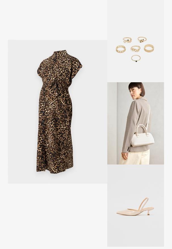 Vestido de maternidade com padrão de leopardo em tecido leve, com gola, mangas curtas, cintura amarrada e fecho frontal com botões.; Saltos slingback em couro sintético bege com bico apontado e um salto quadrado fino. Textura suave e design minimalista sem embellishments.; Bolsa estruturada branca com alças curtas e uma alça de ombro, com detalhes em hardware dourado e material texturizado, exibida contra um fundo cinza.; Conjunto de seis anéis dourados com vários designs: trançados, com motivos de folhas e bandas sólidas; alguns com detalhes em pedras preciosas verdes.