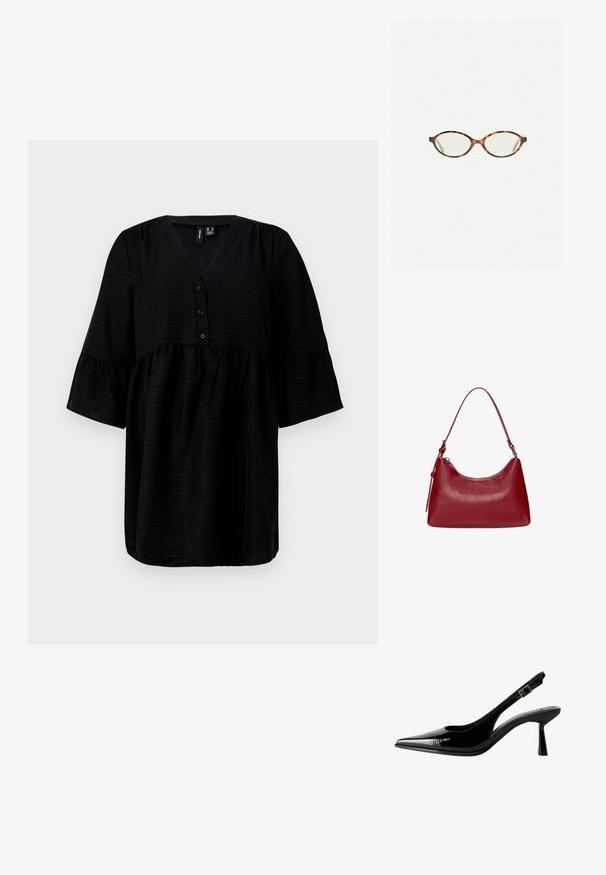 Črna majica z V-izrezom, gumbi na sprednji strani in kratkimi volančastimi rokavi. Narejena je iz teksturiranega materiala z ohlapnim in lahkotnim fitom.; Črne lakirane slingback čevlje s koničastim nosom, izrezanimi stranicami, nastavljivim gležnjarjem in tankim, elegantnim peto.; Kornjačaste očala z ovalnimi lečami in gladko, sijočo površino. Imajo tanke stranice z rahlim ovinkom na templjih. Prosojne leče.; Rdeča usnjena torba za ramo z ukrivljeno obliko, gladko teksturo in zadrgo. Ima tanek ročaj za nošenje.