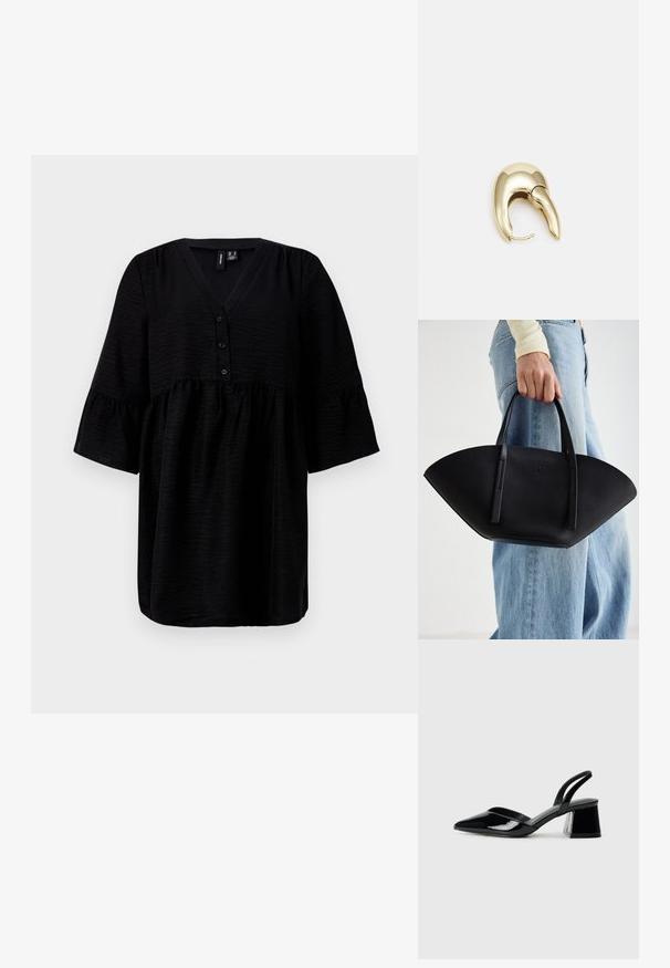 Svart topp med V-hals, knappefront og korte volangermedeer. Laget av teksturert stoff med en løs og flytende passform.; Svarte patentlær slingback hæler med spiss tå og geometrisk blokk hæl. Har et stilrent, minimalistisk design og jevn tekstur.; Svart skinnveske med en unik vifteform, med flate håndtak. Overflaten har en pebblelignende tekstur og et minimalistisk design.; Gullfarget metalløredobber med et elegant, buet design. Har en karakteristisk spiss form, polert overflate og hengsel-lukking.