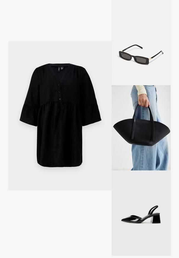 Svart topp med V-hals, knappefront og korte volangermedeer. Laget av teksturert stoff med en løs og flytende passform.; Svarte patentlær slingback hæler med spiss tå og geometrisk blokk hæl. Har et stilrent, minimalistisk design og jevn tekstur.; Svart rektangulære solbriller med mørke linser, blanke plastrammer og gullaksenter på sidene. Minimalistisk design og strømlinjeformet form.; Svart skinnveske med en unik vifteform, med flate håndtak. Overflaten har en pebblelignende tekstur og et minimalistisk design.