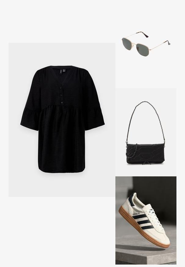 Melns tops ar V-veida kakla izgriezumu, pogu priekšpusi un īsām volāniem. Izgatavots no teksturētas auduma ar brīvu, plūstošu piegriezumu.; Baltas zamša kedas ar tumši ziliem svītrām, gumijas zole, teksturēts augšdaļa, apaļa purngala forma un auklas; sānos un mēlītē ir zīmola nosaukums.; Zelta metāla rāmis saulesbrilles ar tumši zaļiem stikliem, aviator stils, ar šaurām kājām un bruņu akcentiem uz galiem.; Melna kviltota mākslīgās ādas soma ar ķēdes siksnu, kas piedāvā sešstūra rakstu un dekoratīvu spārnu detaļu uz priekšpuses.