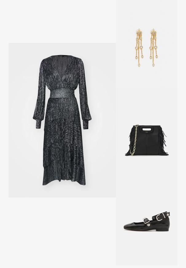 Mustad, pika varrukatega kleit, mis on valmistatud tekstureeritud kangast ja millel on volditud disain. Omab sügavat V-kaelust ja vormi järgivat ribatud vööd.; Must musta nahkkinga lamead kontsad, ruudukujulise varbaga, pahkluu rihmaga, mis sisaldab hõbedast taakleid, ning lame tald. Siledat pinda ja minimalistlikku disaini.; Musta nahk käekott, millel on frantsiisid, kuldne ahelsanga ja lõigatud käepide. Esiosas on logot.; Kuldne tooni kõrvarõngad mitme voolava ahelaga, millel on selged ovaalsed rhinestone aktsendid ja dekoratiivsed stud-tippud.