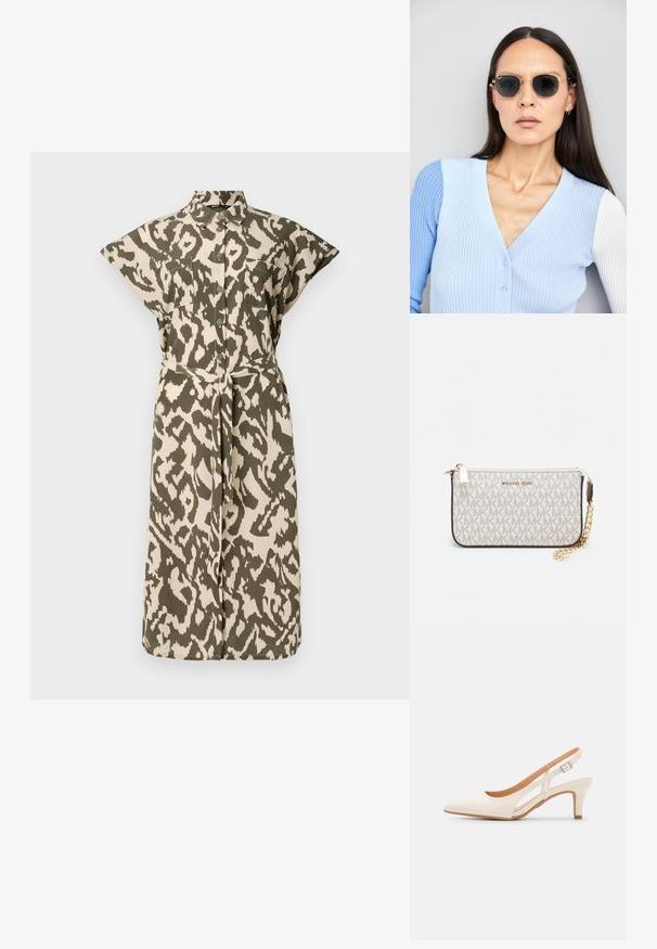 Ceļa garuma krekla kleita bēšā un olīvzaļā dzīvnieku rakstā, ar īsām piedurknēm, pogājamu priekšpusi un pašsavīsto jostu viduklī.; Baltas siksniņveida papēdis ar smailu purngalu, gludu augšējo materiālu, zemu blokpapēdi un sānu izgriezumu dizainu ar regulējamu sprādzi.; Apaļas saulesbrilles ar tumšiem objektīviem un zeltītām rāmēm. Modelis valkā gaiši zilu, ribotu kardigānu ar pogām un kontrastējošām baltām piedurknēm.; Michaela Korsa rokassomi bez̦ā īšojuma, kas izgatavota no apklāta kanvas, iekļaujot atkārtotu MK logotipa rakstu, zelta aparatūru un noņemamu ķēdes siksnu.