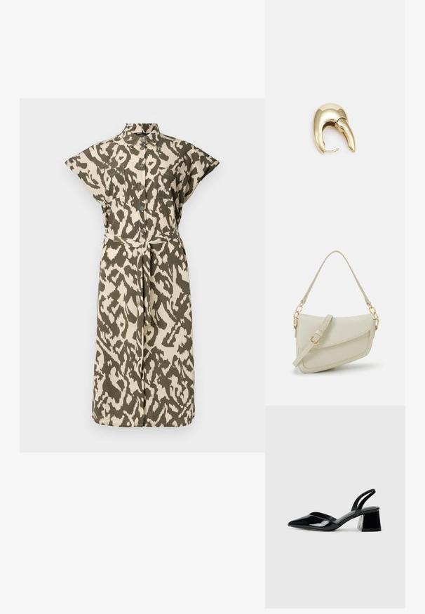 Haljina košulja do koljena u bež i maslinasto zelenom životinjskom uzorku, s kratkim rukavima, dugmadi sprijeda i remenom za vezanje u struku.; Crne lakirane kožne sandale s otvorenom petom i špicastim vrhom, s geometrijskom blok petom. Imaju elegantan, minimalistički dizajn i glatku teksturu.; Mala krem torbica s teksturiranim finišom, dugačkim podesivim remenom, lančanim detaljem i preklopom. Zlaćani hardver.; Zlatne metalne naušnice s elegantnim, zakrivljenim dizajnom. Imaju karakterističan šiljast oblik, poliranu površinu i zatvaranje na šarku.