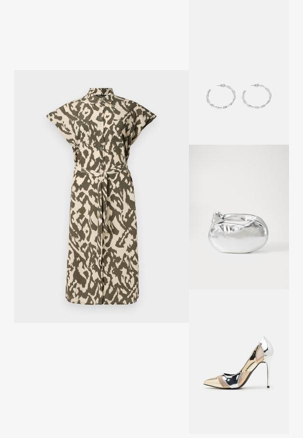 Knee-pikkusega särgimekko beeži ja oliivroheline loomamuster, lühikeste varrukatega, nööpidega esiosa ja vööl ise siduv rihm.; Kitsas toe kõrge kontsaga kingad, millel on hõbedane, kuldne ja nude värvilahendus. Läikiv viimistlus lõikekujundusega, stiletto konts.; Hõbedane metallikoti kott pehme, ümar kuju ja sõlme ülemise sulgemisega. Valmistatud siledast kunstnahast materjalist.; Hõbedased rõngaskõrvarõngad keerutatud disainiga, millel on poleeritud viimistlus ja posti-tagune sulgemine. Diameeter umbes 3 cm.