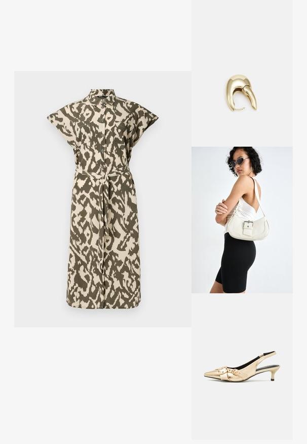 Knee-lange shirtjurk in beige en olijfgroen dierenprint, met korte mouwen, knopen aan de voorkant en een zelfstrikriem in de taille.; Gouden leren slingback hakken met spitse neus, kleine kittenhak en twee gespaccenten op de vamp. Gladde textuur, strak ontwerp.; Witte leren handtas met een gebogen vorm, verstelbare schouderriem en een klein gesp detail. Model draagt een strakke zwarte outfit.; Gouden metalen oorbel met een slank, gebogen ontwerp. Beschikt over een kenmerkende puntige vorm, gepolijste oppervlakte en scharnier sluiting.