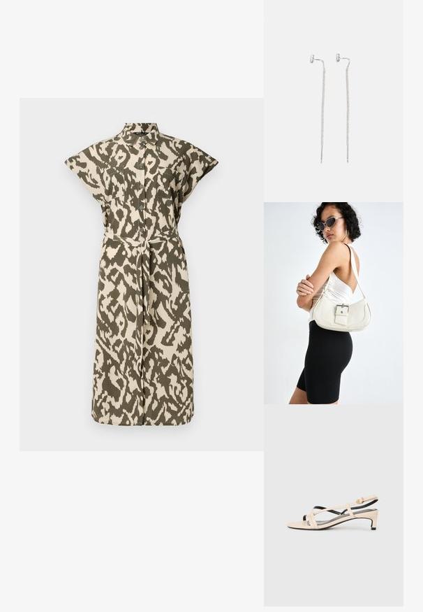 Knee-length marškiniai suknelė smėlio ir alyvuogių žalia gyvūnų raštu, su trumpomis rankovėmis, mygtukais priekyje ir savisusišale dirželiu ties juosmeniu.; Bežiniai odiniai sandalai su kryžminiais dirželiais, mažu kulnu ir juodais akcentais. Lygi tekstūra ir minimalistinis dizainas.; Balta odinė rankinė su kreiva forma, reguliuojama dirželiu ir mažu sagties akcentu. Modelis vilki priglundančius juodus drabužius.; Sidabrinės kabantis auskarai su plonu, tinklelio tipo grandinės dizainu ir tiesiais strypo akcentais, turinčiais drugelio užsegimus, užtikrinančius saugų užsegimą.