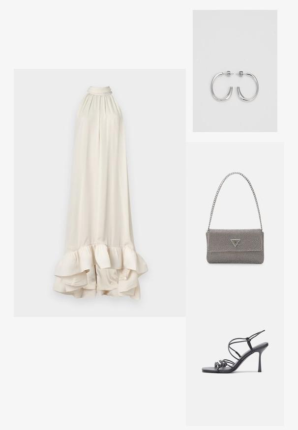 Malina SABRINA HALTER NECK RUFFLED DRESS - Koktel haljina / svečana haljina - white; Crne sandale na visokoj potpetici imaju tanke trake s čvorastim dizajnom, glatki kvadratni vrh i elegantnu stiletto petu.; Svijetlosivi metalik ruksač s lancem, ukrašen malim okruglim metalnim zakovicama i trokutastim logotipom marke.; Srebro naušnice u obliku prstena s glatkom, sjajnom završnom obradom. Zaobljenog oblika, laganog dizajna, s kopčom na poleđini.