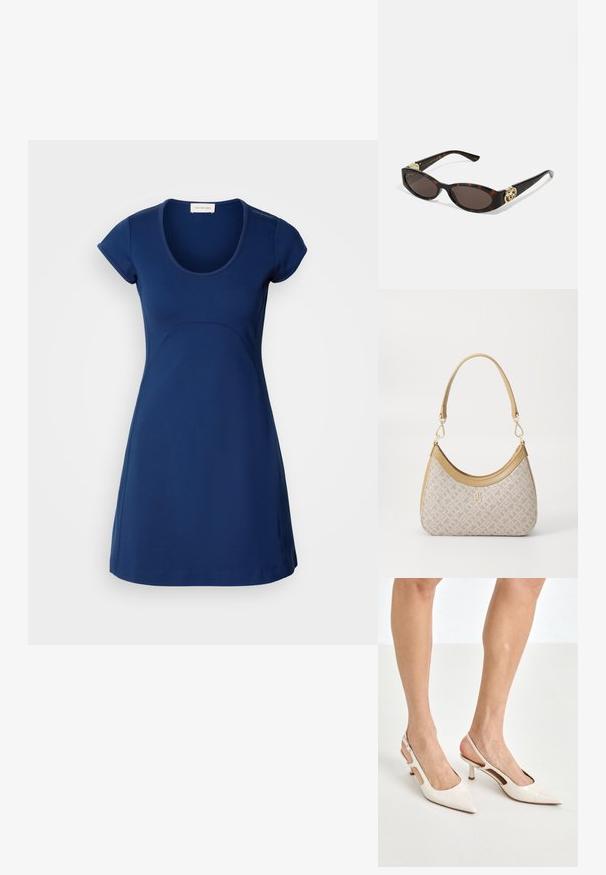 Granatowa sukienka z krótkim rękawem, wykonana z gładkiego materiału, z okrągłym dekoltem i lekko rozkloszowanym dołem, z delikatnymi detalami w postaci szwów.; Beżowe lakierowane szpilki z odkrytą piętą, zakończone spiczastym noskiem i 5 cm obcasem, z wyciętymi bokami oraz cienkim paskiem na kostce.; Słoneczne okulary w kolorze żółwi z wydłużonymi owalnymi soczewkami, brązowym odcieniem, złotymi akcentami logo na zausznikach oraz smukłymi czarnymi ramionami.; Beżowa torebka w wzory o zakrzywionym kształcie, z skórzanymi akcentami i złotym logo z przodu. Posiada krótki uchwyt, co ułatwia noszenie.; Naszyjnik z pereł i kryształów o okrągłym, koralikowym wzorze w jasnych odcieniach, z naprzemiennie umieszczonymi perłami i błyszczącymi akcentami, noszony na szyi.