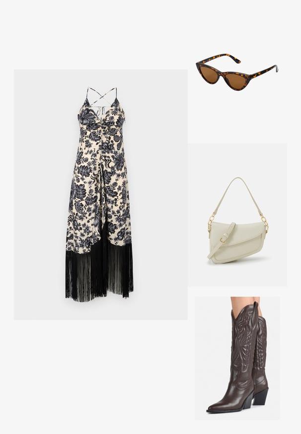 Haljina s cvjetnim uzorkom u krem i crnoj boji, s prilagođenim tijelom, trakama za rame i crnim resicama na rubu.; Smeđe kožne kauboj čizme s šiljastim vrhom i blok-potpeticom, s detaljno izvezenim šavovima i uzdignutim naglascima na okovu.; Sunglasses u obliku mačjih očiju s okvirom u crno-narančastom kornjačevom uzorku, smešnim lećama i elegatnim, šiljastim vrhovima. Sadrži minimalni logo na dršci.; Mala krem torbica s teksturiranim finišom, dugačkim podesivim remenom, lančanim detaljem i preklopom. Zlaćani hardver.