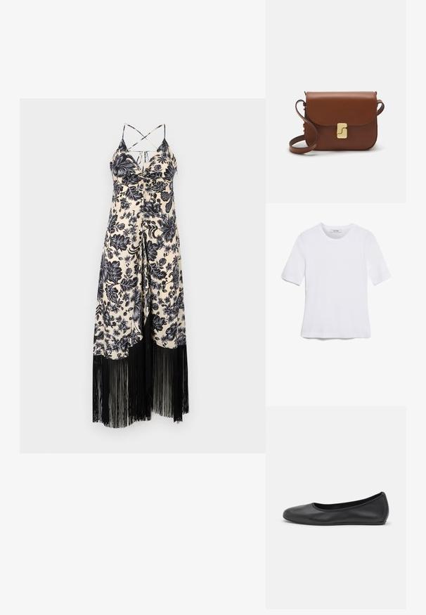 Blumendruckkleid in Creme und Schwarz, mit tailliertem Oberteil, Spaghetti-Trägern und schwarzem Fransenverzierung am Saum.; Weißes kurzärmliges T-Shirt aus geripptem Stoff. Runder Halsausschnitt, normale Passform und dezente Nähte. Keine Muster oder Grafiken.; Schwarze Leder-Ballettschuhe mit abgerundeter Spitze, glatter Textur, minimalen Nähdetails und einem flexiblen Sohlen-Design.; Braune Ledertasche mit Klappenverschluss, Beschlägen in Goldfarbe, einem Schultergurt und einer glatten Oberfläche. Kompakte rechteckige Form.