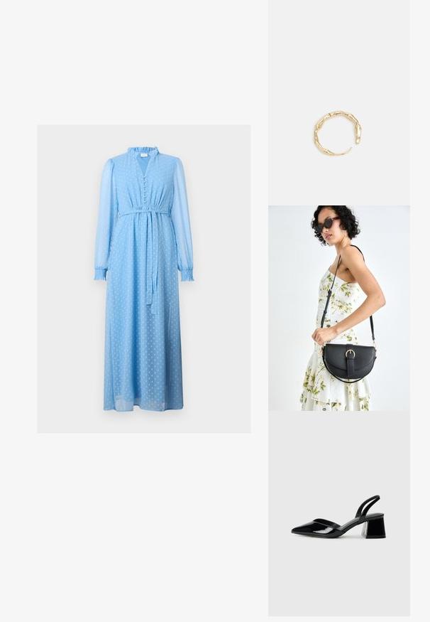 Modra dolga obleka s pikami, izdelana iz lahkotnega materiala, s volanastim ovratnikom, gumbi spredaj in pasom za prilagodljivo prileganje.; Črne lakirane slingback pete s koničastim nosom in geometrijsko blokasto peto. Imajo eleganten, minimalističen dizajn in gladko teksturo.; Črna usnjena torbica s ukrivljeno obliko, z odstranljivo naramnico in zlatimi dodatki. Torbica ima pokrov s podrobnostmi v obliki zaponke.; Zlati prstan s organskim, zvitim dizajnom, gladko površino in taperiranimi konci, ki ustvarja modernega, skulpturalnega videza.