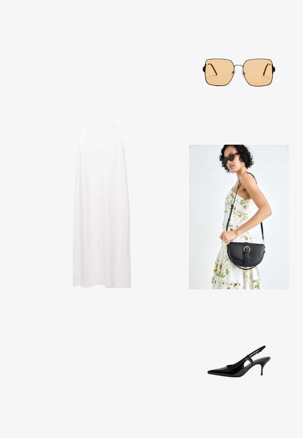 Vit ärmlös klänning med V-ringning och tunna axelband. Enkelt, rak snitt med en slät textur utan mönster eller dekorationer.; Svart lackläder slingback-pump med spetsig tå, öppna sidoutskärningar, smal klack och justerbart ankelsnöre.; Fyrkantiga solglasögon med bruna linser och en tunn svart metallram. Har vinklade skalmar och justerbara näsdelar för ökad komfort.; Svart läderhandväska med en böjd form, avtagbar rem och guldiga detaljer. Väskan har ett lock med en spänndetalj.