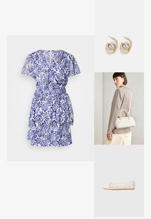 Šaty s krátkym rukávom a zaväzovaním v páse, vyrobené z bielej látky s modrým kvetinovým vzorom. Majú výrez na chrbte a sú vyrobené z ľahkého materiálu.; Biele ploché topánky s špicatou špičkou z krémovej kože s priehľadným zvrškom posiatym kamienkami. Mäkká podrážka pre pohodlie, minimalistický dizajn.; Biela štruktúrovaná kabelka s krátkymi rúčkami a ramenným popruhom, s zlatými kovovými prvkami a textúrovaným materiálom, vystavená na šedom pozadí.; Náušnice zlatého odtieňa s zakriveným, kruhovým dizajnom, ktorý obsahuje výrazný strieborný guľový akcent. Lesklý kovový povrch, uzatvorenie na kolík.