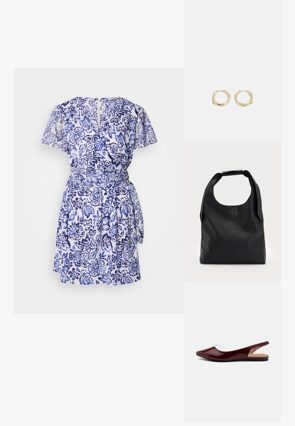 Trumpas rankovėmis, aptrauktas suknelė iš baltos medžiagos su mėlynu gėlėtu raštu. Su juosmeniu surišimu ir rakto skylutės detalėmis nugaros pusėje. Lengva tekstūra.; Bordinės patentinės slingback balerinų bateliai su smailiu pirštu, permatomu išpjova ir plokščia juoda sole. Sklandus paviršius, minimalistinis dizainas.; Juoda odinė hobo tipo rankinė su viena minkšta, apvalia rankena; pasižymi lygiu paviršiumi ir minimalizmu. Nėra matomų detalių ar akcentų.; Aukso žiedo auskarai su tekstūruotu, netaisyklingu paviršiumi. Yra be siūlių užsegimas ir poliruotas paviršius, akcentuojantis modernų dizainą.