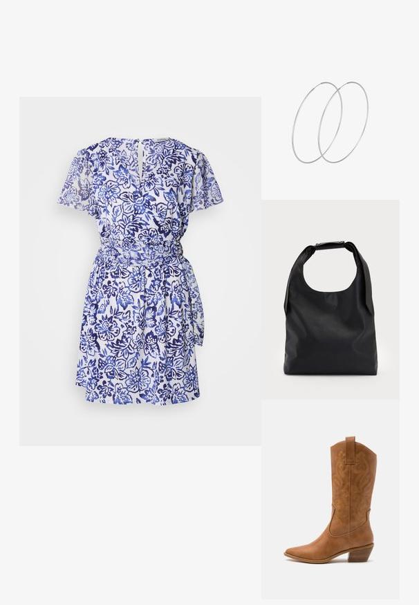 Kratke rokave, obleka v ovitku iz belega blaga z modrim cvetličnim potiskom. Ima pas s trakom in detajl odprtine na hrbtu. Lahka tekstura.; Rjavi usnjeni kauboj čevlji s koničastim nosom, vezenimi vijugastimi vzorci na zgornjem delu in zloženim kvadratnim peto. Imajo zanko za enostavno obuvanje.; Črna usnjena torba hobo z enim mehkobnim, okroglim ročajem; ima gladko teksturo in minimalističen dizajn. Brez vidnih kovinskih delov ali poudarkov.; Srebrne uhane v obliki obroča z minimalističnim dizajnom. Krožna oblika, gladka tekstura in tanek profil. Lahki s poliranim zaključkom.