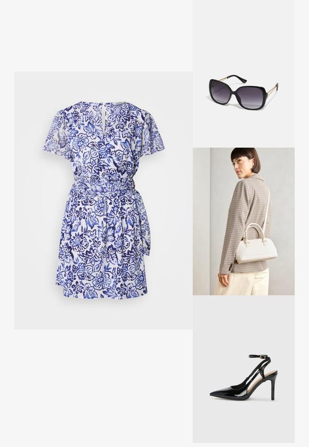 Šaty s krátkým rukávem, zavinovací, vyrobené z bílé látky s modrým květinovým potiskem. Obsahují pásek v pase a detail ve tvaru klíčové dírky na zádech. Lehká textura.; Černé lakované kožené lodičky na vysokém podpatku s špičatou špičkou, nastavitelným páskem kolem kotníku a otevřenými stranami. Hladká textura.; Černé oversized sluneční brýle se gradientními skly, silnými rámy a zlatými řetízkovými detaily na nožičkách.; Bílá strukturovaná kabelka s krátkými uchy a ramenním popruhem, zdobená zlatými kovovými prvky a texturovaným materiálem, vystavená na šedém pozadí.