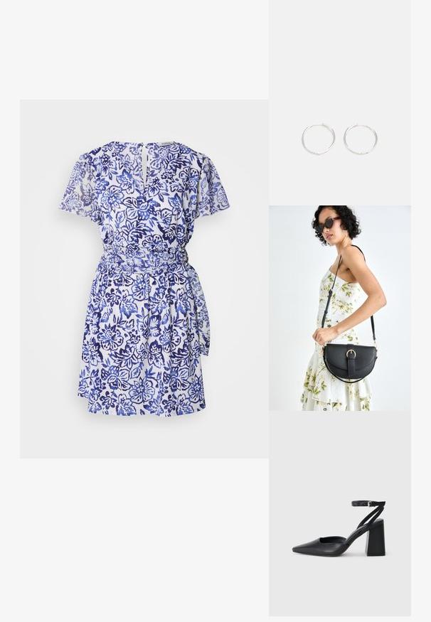 Rochie scurtă cu mâneci, dintr-o țesătură albă cu imprimeu floral albastru. Dispune de un legat la talie și detalii cu deschidere la spate. Textură ușoară.; Pantofii cu toc ascuțit din piele neagră, cu breteaua pentru glezne și toc gros. Textură netedă, design elegant și estetică minimală.; Geantă din piele neagră, cu o formă curbată, curea detașabilă și accesorii aurii. Geanta are un capac cu un detaliu tip cataramă.; Cercei din argint cu un design elegant și rotund, având o suprafață netedă și fără embellismente vizibile. Diametrul nu este specificat.
