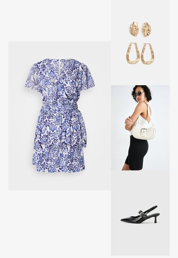 Rövid ujjú, kötött ruha fehér anyagban, kék virágmintával. A derékon megkötős rész található, és kulcslyuk formájú hátrész jellemzi. Könnyű textúra.; Fekete lakkbőr slingback sarkú cipők hegyes orral és kis blokk talppal, ezüst csat díszítéssel a pánton.; Fehér bőr kézitáska ívelt formával, állítható pánttal és egy kis csattal. A modellen fitted fekete ruha van.; Aranyszínű fülbevalók, texturált, hullámos formákkal. Tartalmazza a szobrászati klipszes studokat és az open hoop kialakítást, kalapácsos felülettel.