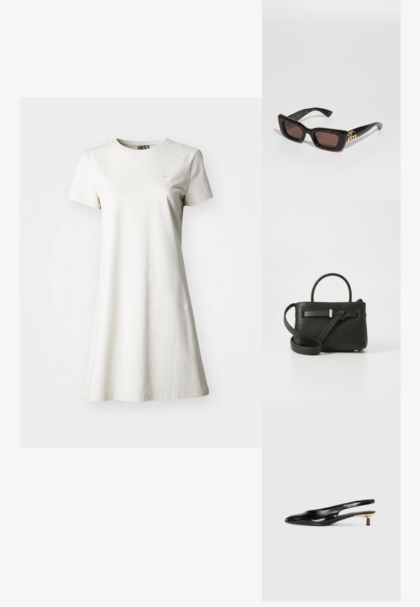 Sukienka z krótkim rękawem w jasnym kremowym kolorze z bawełny, w luźnym fasonie w kształcie litery A, z okrągłym dekoltem, z małym, subtelnym złotym logo na piersi.; Czarne czółenka na obcasie typu slingback z ostrym noskiem, błyszczące, skórzane wykończenie oraz mały obcas z złotym akcentem. Smukły design z otwartym tyłem.; Czarne okulary przeciwsłoneczne w kolorze tortoise z prostokątnymi soczewkami, brązowym zabarwieniem, grubą oprawką i złotym logo podwójnego G na zauszniku.; Czarna skórzana torebka o teksturowanym wykończeniu, z górnymi uchwytami i długim regulowanym paskiem. Posiada złote akcenty z hardware'u z przodu.