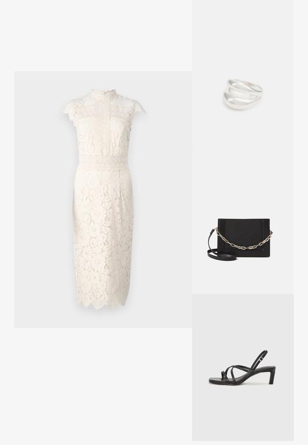 Krajková šaty v krémovej farbe, s vysokým výstrihom, krátkymi rukávmi, kvetinovými vzormi a volánkovým lemom. Stredná dĺžka s priliehavým strihom.; Čierne sandále na vysokom podpätku so štvorcovou špičkou a nízkym blokovým podpätkom. Obsahujú viacero tenkých popruhov a nastaviteľný členkový popruh. Vyrobené z hladkej kože.; Čierna kožená crossbody taška s hladkou textúrou, obdĺžnikovým tvarom a kovovým reťazovým detailom na prednej strane. Súčasťou je nastaviteľný popruh.; Strieborný prsteň s dvojitým pásikom s hladkým, lesklým povrchom. Má plynulý, zakrivený dizajn s prekryvajúcimi sa časťami pre moderný vzhľad.